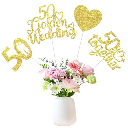 Tafelaufsätze zum 50. Hochzeitstag, doppelseitig, goldfarbenes Glitzer-Herz, 50. Hochzeitstag, Tischdekoration, Blumendekoration, 12 Stück von loghohu