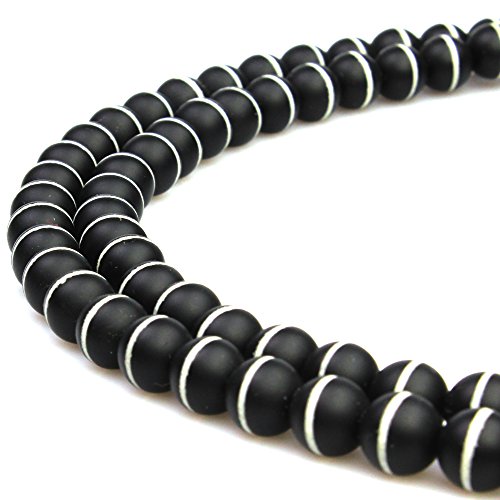 8 mm große, natürliche, weiße Linie, mattschwarzer Achat, Edelstein, runde lose Perlen für Schmuckherstellung von lohfxrgyjk