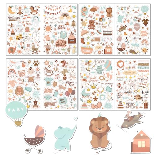4 Stück Sticker Babyalbum 212 Stickers Fotoalbum für Mädchen Junge Transparent Braun Baby Sticker für Baby-Fotoalbum Geschenke DIY Aufkleber-Fotoalbum Kinder für Kalender Scrapbook Party Deko von lokxmve