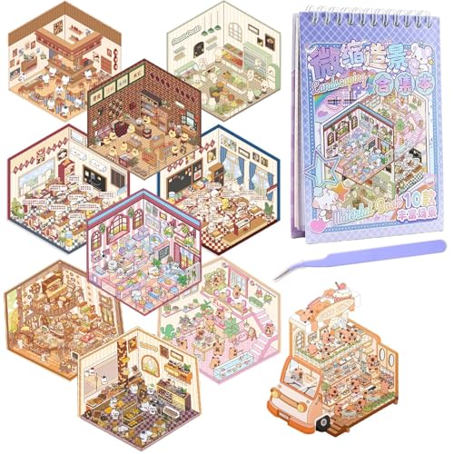 lomdung 10 Sets 3D House Stickers, Miniatur Haus Sticker 3D mit Pinzette, DIY Cozy Little Home House Scene Sticker Book, Fun DIY Stickers Scene, Relief Stress für Erwachsene und Kinder lomdung 10 Sets 3D House Stickers, Miniatur Haus Sticker 3D mit Pinzette, DIY Cozy Little Home House Scene Sticker Book, Fun DIY Stickers Scene, Relief Stress für Erwachsene und Kinder von lomdung