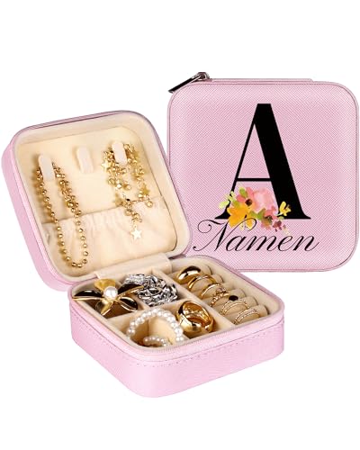 loongway Schmuckkästchen Klein Personalisiert mit Namen und A-Z Blume, Schmuckaufbewahrung für Mädchen PU-Leder, Reise Schmuckschatulle Schmuckkasten für Mädchen Geschenk für Muttertag, Geburtstag von loongway