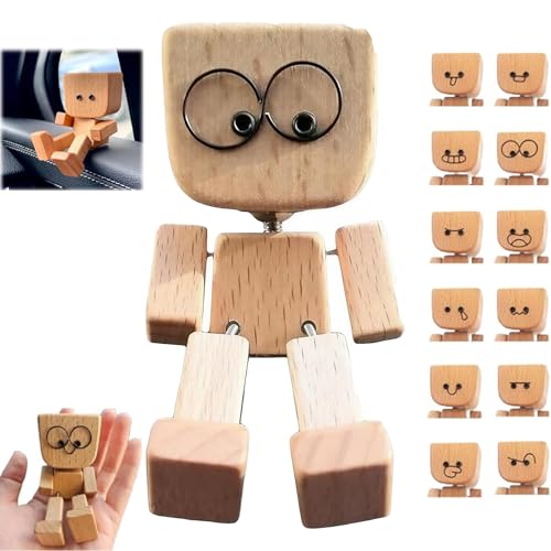 lopituwe Wackelnde Holzfiguren, Charmante kleine Holzfigur,die mit 12 magnetischen Ausdrücke schwankt, Handgefertigtes Holz-Wackel-Auto-Ornament von lopituwe