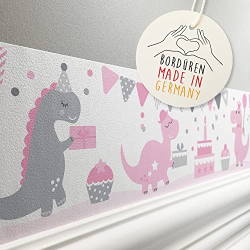 lovely label Bordüre selbstklebend DINO PARTY ROSA GRAU - Wandbordüre Kinderzimmer Babyzimmer mit Dinosaurier - Wandtattoo Schlafzimmer Mädchen – Wanddeko Baby Kinder von lovely label