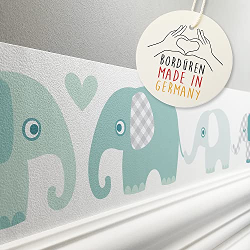 lovely label Bordüre selbstklebend Elefant Mint GRAU - Wandbordüre Kinderzimmer Babyzimmer mit Elefanten - Wandtattoo Schlafzimmer Mädchen & Junge – Wanddeko Baby Kinder von lovely label