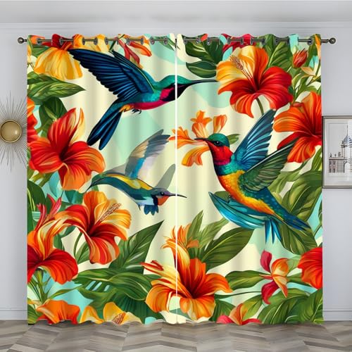 Vogel Gardinen tropische Blume Vorhang 3D Weicher Blickdichte Vorhänge Thermovorhang Kälteschutz Schlaufenschal 2er Set mit Ösen für Schlafzimmer Wohnzimmer Kinderzimmer, 280x140 cm(HxB), Beige von loyaltyer