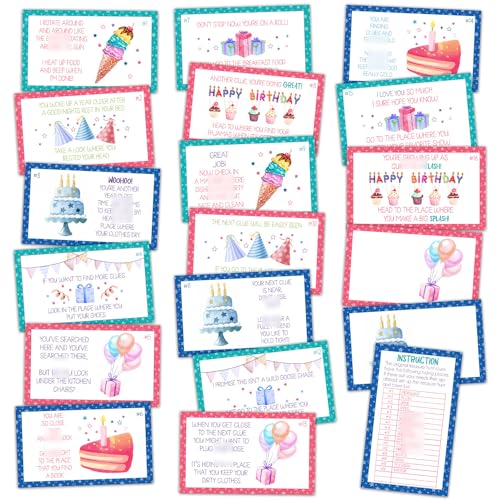 Geburtstags-Schatzsuche-Hinweiskarten, Kuchen-Schnitzeljagd-Spiel, Set mit 19 Karten und 18 Umschlägen, für drinnen und draußen, Geburtstagsparty-Aktivitäten, Feier-Spiel, von ltazhyi