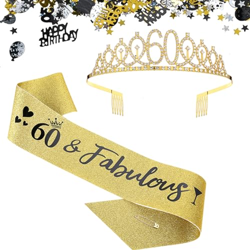 ltoSrfnb 60. Geburtstags Tiara, 60 & Fabulous Geburtstags-Krone Schärpe Set, Geburtstag, Partyzubehör, Fotorequisit, 60 geburtstag deko für 60. geburtstag frauen alles Gute zum 60 (Gold) von ltoSrfnb