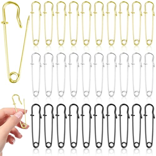 luckaide 30 Stück Sicherheitsnadeln Groß, 63mm Safety Pins, Sicherheitsnadeln Set Große Metall Sicherheitsnadel für Kleidung Kunsthandwerk Nähen DIY(Schwarz Gold Silber) von luckaide