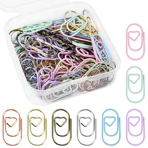 luckaide Büroklammern, 100 Stück Büroklammern Motiv Herz Gemischte Bunt Klein Metall Paper Clips Briefklammern Papierklammern Aktenklammer Klammern Gold für Postkarten Büro Schule mit Aufbewahrungsbox von luckaide