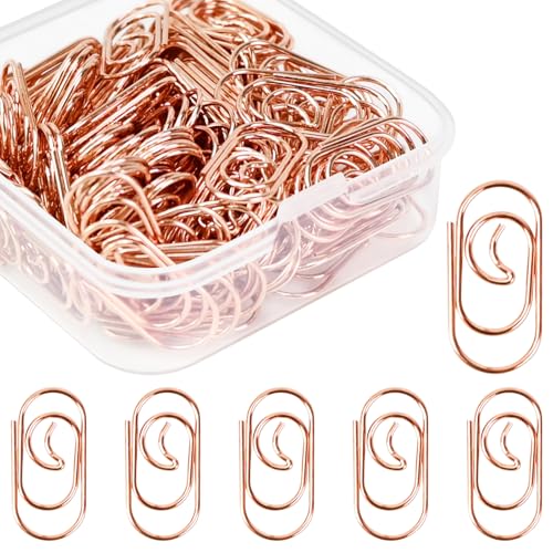 luckaide Büroklammern, 130 Stück Büroklammern Mond Gold Paper Clips Klein Büroklammer Oval Motiv mit Transparentbox für Büro, Klassenzimmer, Aktenklammer(Rosegold) von luckaide