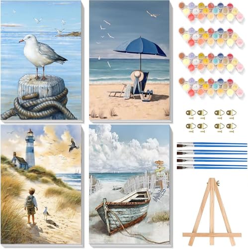 4 Stück Malen Nach Zahlen Erwachsene Mit Rahmen - Malen nach Zahlen Erwachsene Anfänger, Strand Painting by Numbers, DIY Handgemalt Ülgemalde für Geschenk Home Wand Décor 20x30 cm (mit Staffelei) von luckyarina