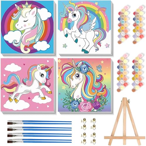 4 Stück Malen nach Zahlen Kinder mit Rahmen - Einhorn Malen nach Zahlen Kinder ab 4 5 7 Jahre Mädchen, Einhörnern Painting by Numbers DIY Handgemalt Ülgemalde für Geschenk 20x20 cm (mit Holzstaffelei) von luckyarina