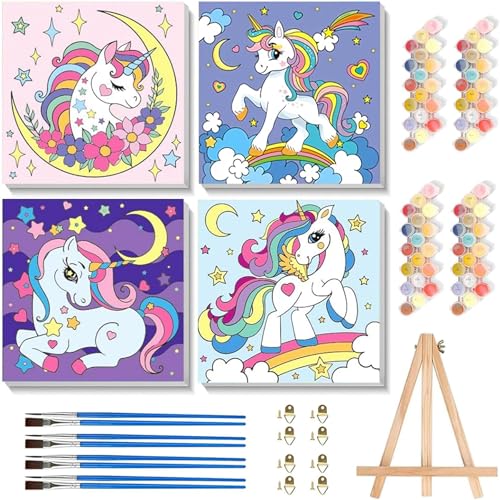 4 Stück Malen nach Zahlen Kinder mit Rahmen - Einhorn Malen nach Zahlen Kinder ab 4 5 7 Jahre Mädchen, Einhörnern Painting by Numbers DIY Handgemalt Ülgemalde für Geschenk 20x20 cm (mit Holzstaffelei) von luckyarina