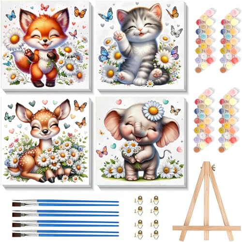 4 Stück Malen nach Zahlen Kinder mit Rahmen - Tiere Malen nach Zahlen Kinder ab 4 5 7 Jahre Mädchen, Elefanten Füchse Rehe Waschbären Painting by Numbers für Geschenk 20x20 cm (mit Holzstaffelei) von luckyarina