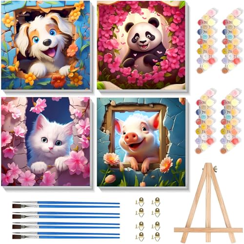 4 Stück Malen nach Zahlen Kinder mit Rahmen - Tiere Malen nach Zahlen Kinder ab 4 5 7 Jahre Mädchen, Hunde Pandas Katzen Schweine Painting by Numbers für Geschenk 20x20 cm (mit Holzstaffelei) von luckyarina