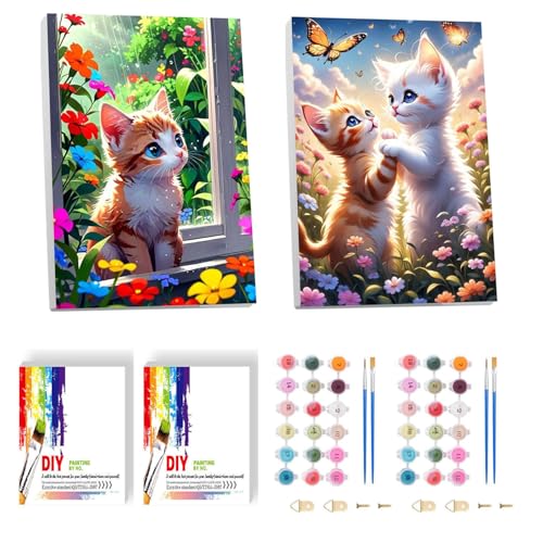 luckyarina 2 Stück Katze Malen nach Zahlen Kinder mit Rahmen- Tiere Malen nach Zahlen mit Rahmen 2 Stück, Paint by Number for Kids Set ab 5 6 7 Jahre 20x30 CM von luckyarina