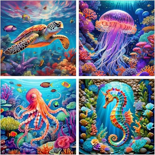 luckyarina 4 Stück Diamond Painting Erwachsene Meerestiere-Tiere Diamond Painting Set Erwachsene, 5D Diamant Painting Bilder Schildkröte Full Drill Set Crafts für Home Wand Décor 30x30cm von luckyarina