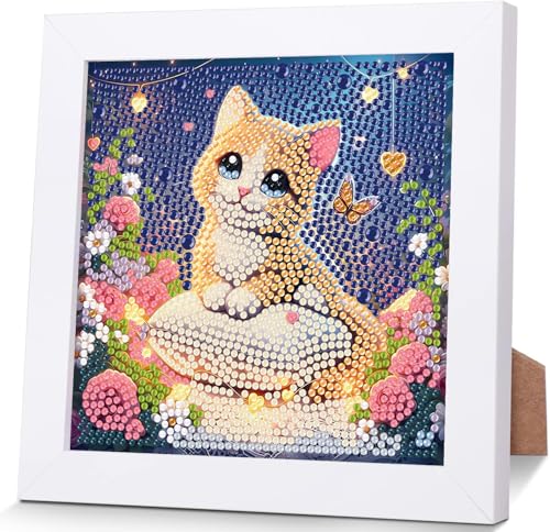 Luckyarina Diamond Painting Katze Mit Rahmen - Diamant Painting Bilder für Kinder 8-11 Jahre, Mosaik Bastelset für Haus Dekoration 18x18 CM von luckyarina