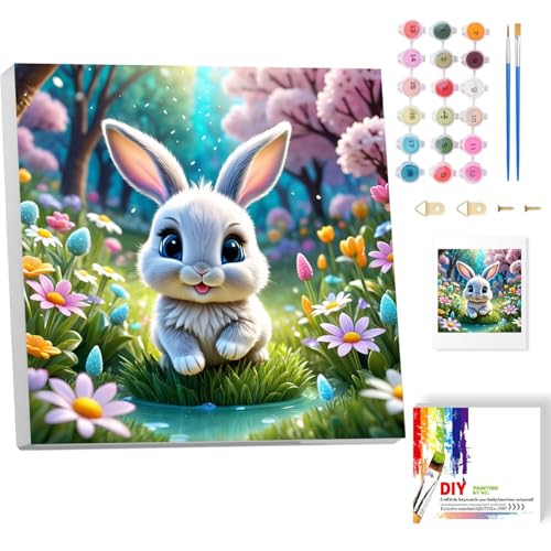 luckyarina Hase Malen nach Zahlen Kinder mit Rahmen, Tiere Paint by Numbers für Kind, Cute Ölgemälde Kinder ab 5 6 7 8 9 Jahre für Haus Dekoration 20x20cm von luckyarina