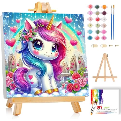 luckyarina Malen Nach Zahlen Kinder Mit Rahmen - Einhorn Malen Nach Zahlen Kinder Leinwand Ölgemälde, Tiere Paint by Numbers Mit Geschenkbox DIY ab 5 6 7 8 9 Jahre Mädchen Bastelset Geschenk 20x20 cm von luckyarina