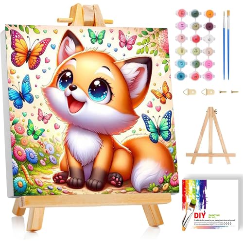 luckyarina Malen Nach Zahlen Kinder Mit Rahmen - Fuchs Malen Nach Zahlen Kinder Leinwand Ölgemälde, Tiere Paint by Numbers Mit Geschenkbox DIY ab 5 6 7 8 9 Jahre Mädchen Bastelset Geschenk 20x20 cm von luckyarina