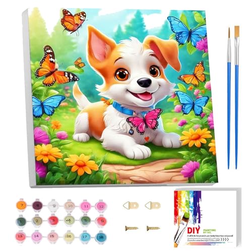 luckyarina Malen Nach Zahlen Kinder Mit Rahmen-Hund Malen Nach Zahlen Kinder Leinwand Ölgemälde, Tiere Paint by Numbers Mit Geschenkbox DIY ab 5 6 7 8 9 Jahre Mädchen Bastelset Geschenk 20x20cm von luckyarina