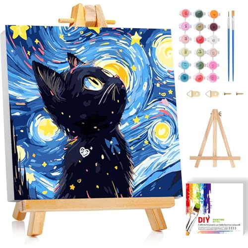 luckyarina Malen Nach Zahlen Kinder Mit Rahmen - Katze Malen Nach Zahlen Kinder Leinwand Ölgemälde, Tiere Paint by Numbers Mit Geschenkbox DIY ab 5 6 7 8 9 Jahre Mädchen Bastelset Geschenk 20x20 cm von luckyarina