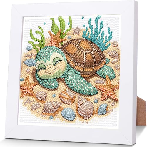 luckyarina Schildkröte Diamond Painting Kinder Mit Rahmen - Diamont Art Bilder Schildkröten, Tiere Diamond Painting Kinder ab 4 6 8 10 Jahreals Geschenk für Home Wand Décor (18X18 CM) von luckyarina