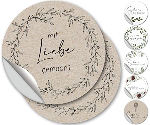 100 mit Liebe gemacht Aufkleber Sticker für Gastgeschenke Rund 4,5cm Etiketten für Geschenke Geschenkaufkleber Hochzeiten, Geburtstag - Graspapier von luftundliebe