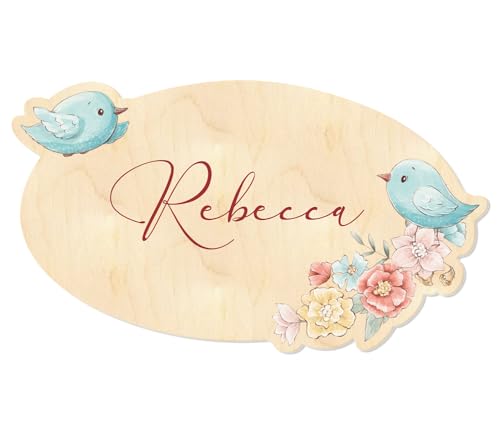 Kinderzimmer Türschild aus Holz mit eigenem Namen personalisiert, verschiedene Designs und Größen (Vögelchen) von lunabee