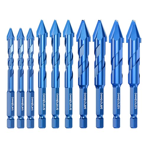 10 Stück Fliesenbohrer Set, 1/4 Sechskantschaft Mauerwerk Betonbohrer, hochfeste Wolframkarbidspitze Fliesenbohrer Set für Porzellan, Glas, Ziegel, Zement, Holz (Blau, 6/8/10/12mm) von luolety