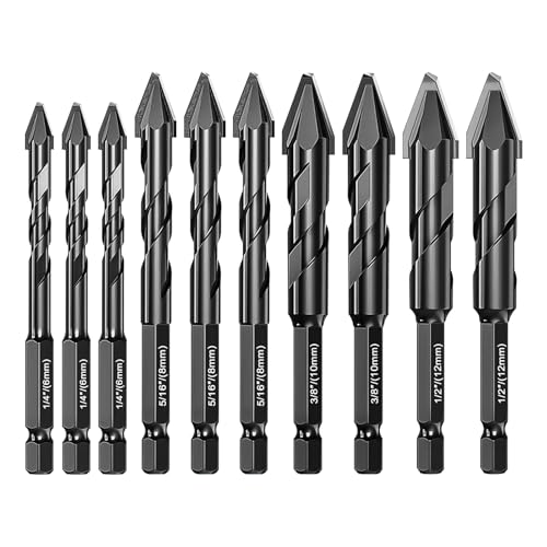 10 Stück Fliesenbohrer Set, 1/4 Sechskantschaft Mauerwerk Betonbohrer, hochfeste Wolframkarbidspitze Fliesenbohrer Set für Porzellan, Glas, Ziegel, Zement, Holz (Schwarz, 6/8/10/12mm) von luolety
