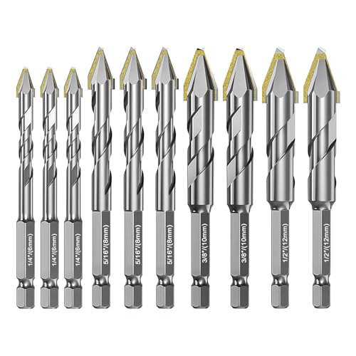 10 Stück Fliesenbohrer Set, 1/4 Sechskantschaft Mauerwerk Betonbohrer, hochfeste Wolframkarbidspitze Fliesenbohrer Set für Porzellan, Glas, Ziegel, Zement, Holz (Silber, 6/8/10/12mm) von luolety