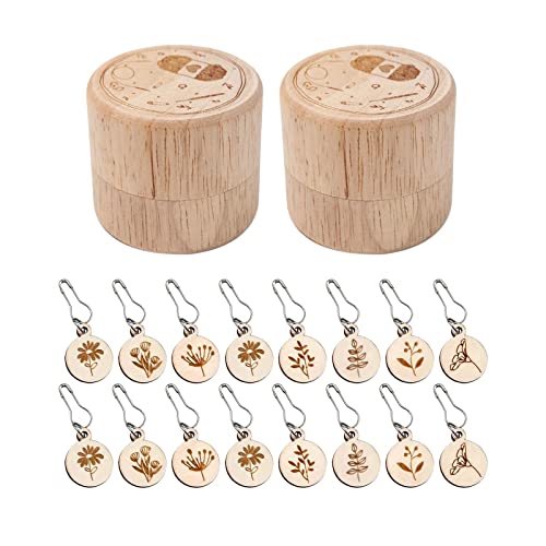 luolety 16Pcs Wooden Ring Pendant Stitch Markers with 2 Storage Box, Wooden Knitting Crochet Stitch Markers Removable Locking Ring Stitch Marker Pendant Charms Stitch Needle Clip Marker von luolety