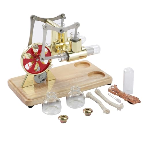 Stirling Modell Doppel Zylinder Motor mit LED-Generator und Eichen Basis Heißluft lenkrad, DIY-Spielzeug für Erwachsene Kinder, Schul Physik Demonstration, Schreibtisch (Gold) von lvifloae