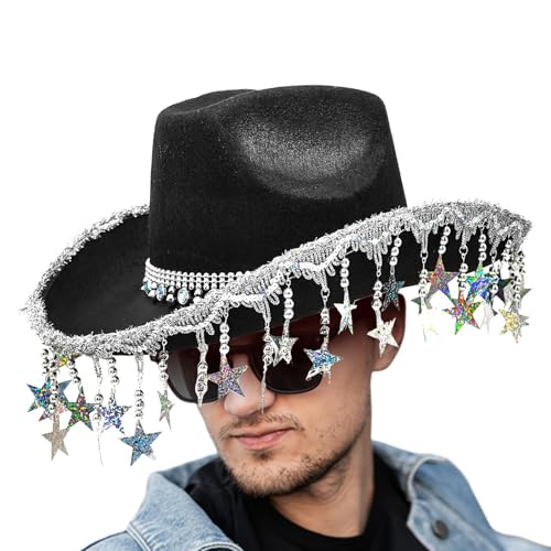 lwxij Cowboyhüte für Party, glitzernder Cowboyhut – glitzernde Kopfbedeckung mit fünfzackigen Sternquasten für Frauen, Maskerade-Event von lwxij