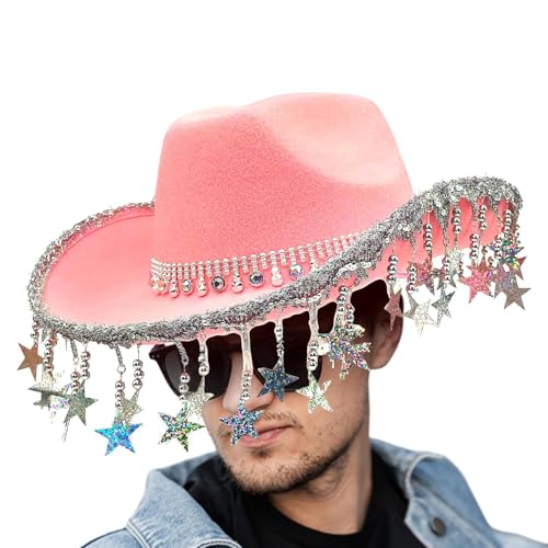 lwxij Glitzernde Cowboyhüte für Damen, Western-Cowboyhut, glitzernde Kopfbedeckung mit fünfzackigen Sternquasten für Damen, Maskerade-Veranstaltung von lwxij