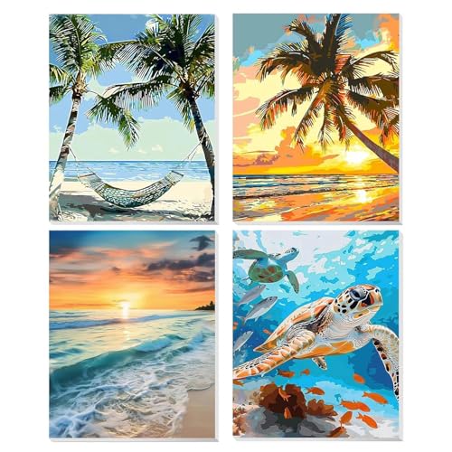 4 Stück Malen nach Zahlen Erwachsene, Strände Malen nach Zahlen Mit 6 Pinseln und Acrylfarbe knitterfreie leinwand Kit DIY Handgemalt Landschaft am Meer Malen nach Zahlen Kit 20 X 30 CM Ohne Rahmen von lxmydm