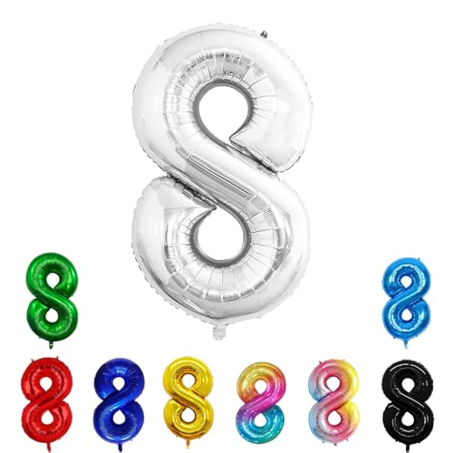 Geburtstags-Zahlenballons XXL-Riesen-Folienballons 40 Zoll – 101 cm Luftballons Geburtstag Jungen Mädchen Babyparty Geburtstagsdekorationen Jubiläumsparty-Dekorationen (Silber, 8) von lxmydm