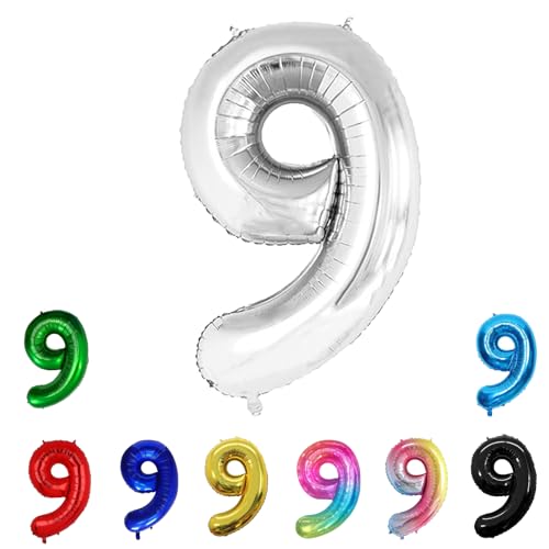 Geburtstags-Zahlenballons XXL-Riesen-Folienballons 40 Zoll – 101 cm Luftballons Geburtstag Jungen Mädchen Babyparty Geburtstagsdekorationen Jubiläumsparty-Dekorationen (Silber, 9) von lxmydm