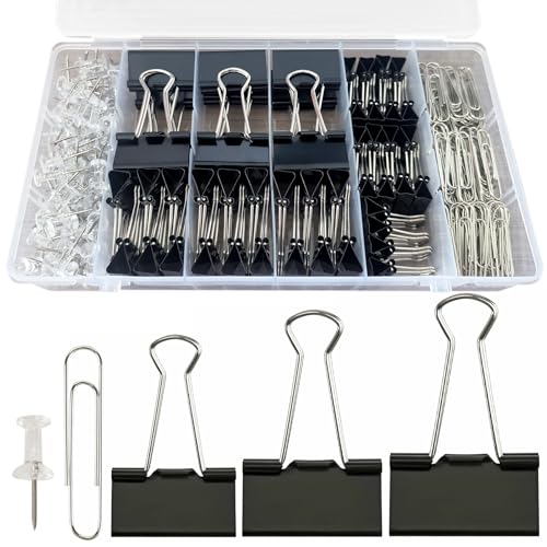 Büroklammern und Binder-Clips, Bürobedarf, Büroklammern, verschiedene Größen, 240 Stück, schwarze Büroklammern, Büroklammern und Binder-Clips, kleine Binderklammer, niedlicher Binderclip, Push-Pin von lyBlissor