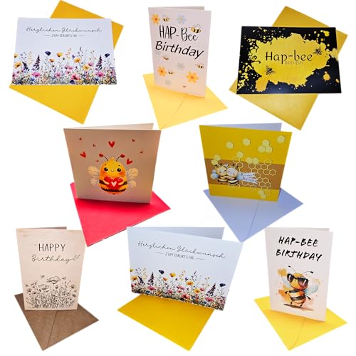 Geburtstagskarten Set, 8 Stück mit Umschlägen, 6 Klappkarten und 2 Postkarten, Bienen-Motiv und Blumendesign von m-creativeworld production