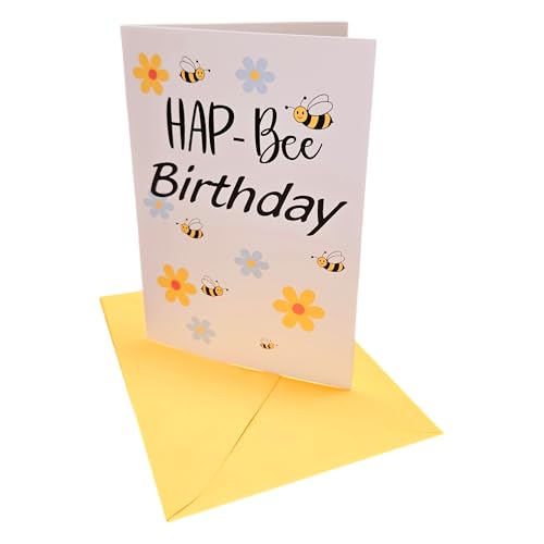 Hap-Bee Birthday Grußkarten-Set, 10 Klappkarten DIN A6 (10,5 x 14,8 cm) mit gelben Umschlägen, Bienen- und Blumenmotiv, Glückwünschkarte, Geburtstagskarte, Geschenkkarte von m-creativeworld production