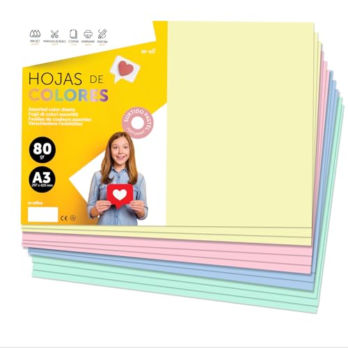 Buntes Papier A3 80g für Drucker & Basteln, Farbige Blätter für Kinder, Kreativprojekte, Karten & Schule M-office (100 Blatt, Sortiert Pastell) von m-office
