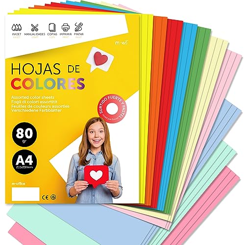 Buntes Papier A4 80g für Drucker & Basteln, Farbige Blätter für Kinder, Kreativprojekte, Karten & Schule M-office (50 Blatt, Pastell + Starkes Sortiment) von m-office