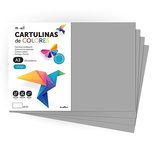 Cartulina de Colores, Cartulina A3, Folios Colores 180gr, Bloc cartulina colores intensos, Ideal para Manualidades, Imprimir tus Documentos y Diseños Creativos · m-office (100 Hojas, Gris) von m-office