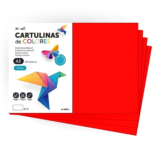 Cartulina de Colores, Cartulina A3, Folios Colores 180gr, Bloc cartulina colores intensos, Ideal para Manualidades, Imprimir tus Documentos y Diseños Creativos · m-office (50 Hojas, Rojo) von m-office