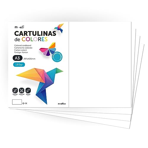 Cartulina de Colores, Cartulina A3, Folios Colores 180gr, Bloc cartulina colores intensos, Ideal para Manualidades, Imprimir tus Documentos y Diseños Creativos · m-office (200 Hojas, Blanco) von m-office