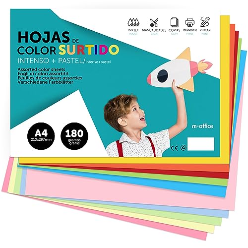 Farbkarton, Karton A4, 180 g, für Bastelarbeiten, Dokumente und kreative Designs, Farbfolien, A4, m-office (x10 Intenso-PastellSortiment) von m-office