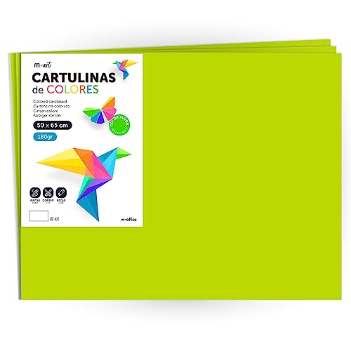Farbkarton, großer Karton, 50 x 65 cm, fluoreszierende Farben, 180 g, für Bastelarbeiten, kreative Designs und Kunstprojekte · m-office (50 Blatt, Neongrün) von m-office